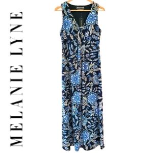M NWT Maxi Dress Floral Print Blue Black Ruched Sheath Melanie Lyne Boho